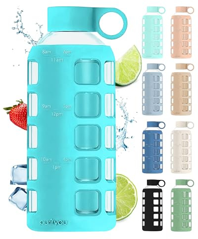 purifyou Premium 40/32 / 22/12 oz Glass Water Bottles with Times to Drink and Volume, Silicone Sleeve & Stainless Steel Lid Insert, Reusable for Fridge Water, Milk, Fruit Juice (Aqua Blue, 22 oz)
