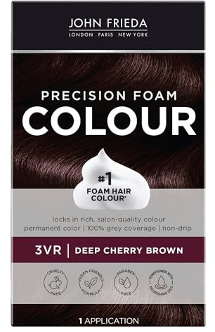 John Frieda Precision Foam Colour, Deep Cherry Brown 3VR, Full-coverage Hair Color Kit, Anti-Fade Gray Coverage, Deep Color Saturation Hair Dye, 1 Application