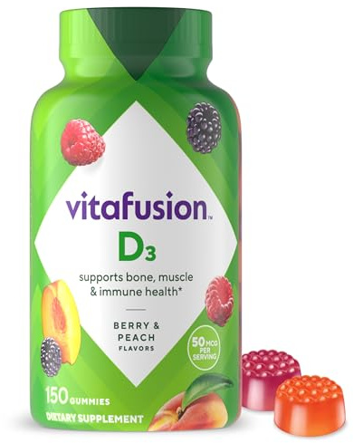 vitafusion Vitamin D3 Gummies, Bone and Immune Support, Peach, Blackberry, Strawberry Flavored, 50 mcg D3 Gummy Vitamin Supplement, 75 Day Supply, 150 Count
