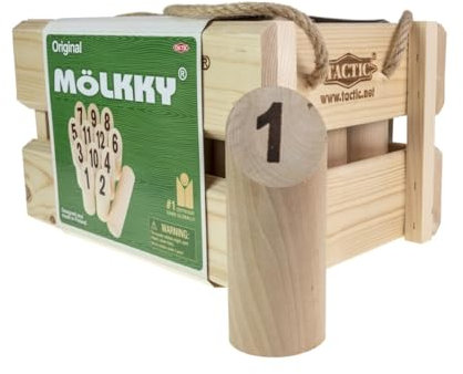 Mölkky Original - Holz Wurfspiele für Draußen, Garten, Picknick, Strand, Freizeit, Camping - Birkenholz 12 Kegel,1 Stock, Spiel Outdoor für Familie, Gruppen, 2+ Spieler, ab 6 Jahren