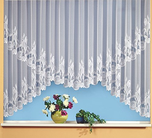 heimtexland® Rundkuvert-Bogen Store Gardine Jacquard weiß transparent Kräuselband Vorhang mit Blumen Borte Gebogt Oekotex Typ69 Höhe x Breite 175x600 cm
