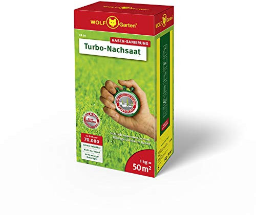 WOLF-Garten Turbo-Nachsaat zur Rasensanierung LR50 (für 50 m2, hohe Dichte mit ca. 70.000 Trieben/m2, für alle Rasentypen geeignet, mit WOLF-Garten Keimgarantie, im 1kg Karton) 3826031