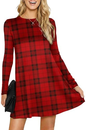 Womens Ladies Party Dresses for Women UK Long Sleeve Midi Plain Flared A line Skater Swing Dress Jersey Tee Plus Size Dress Summer Winter Red Tartan 12-14
