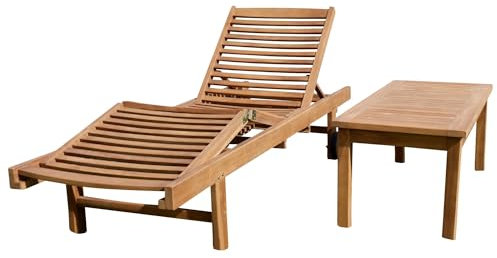 ALEOS. Hochwertige Teak Sonnenliege Gartenliege Strandliege Liegestuhl Holzliege Holz sehr robust Modell: Cozy+ Beistelltisch Coco 110x50cm