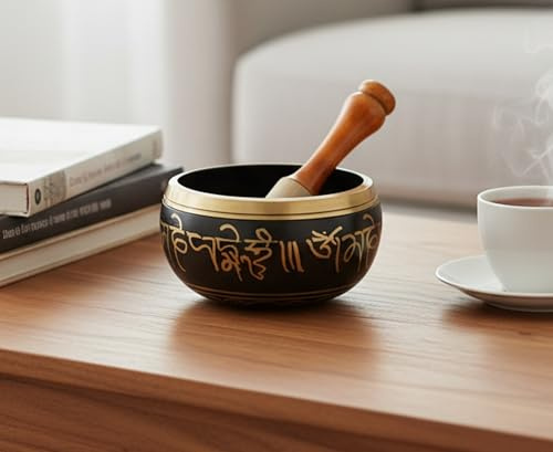 eSplanade - 15 cm (6 tum) - sångskål tibetansk buddhistisk böninstrument med slagpinne | OM Bell | OM skål | meditationsskål | Musikterapi (svart)