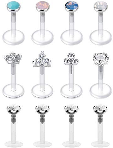 LAURITAMI 12stk Lippenpiercing Labret Stecker Bioflex 8mm 16G Medusa Monroe Flexibel Kunststoff Retainer Piercing Lippe