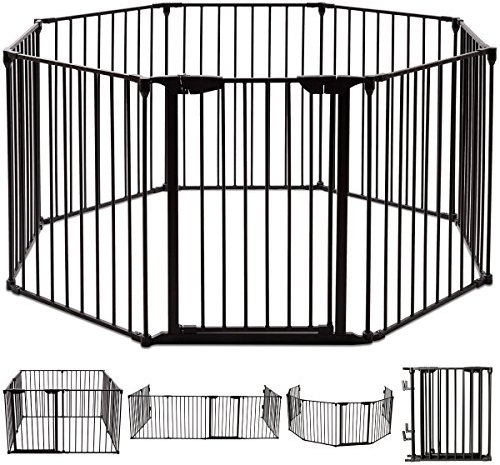 DREAMADE Kaminschutzgitter Absperrgitter Metall, Kindergitter mit Tür, Laufgitter klappbar, Feuerschutzgitter Treppenschutzgitter Hundeschutzgitter Türschutzgitter mit 8 Ecke (Schwarz)