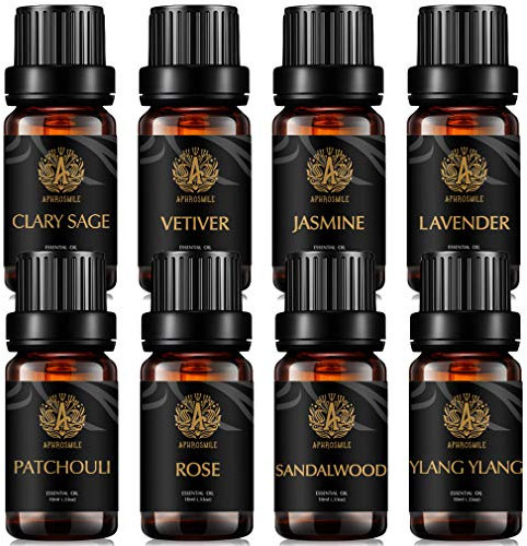 Aromatherapie Vetiver ätherisches Öl Set für Diffusor, 8x10ml 100% reine Clary Salbei ätherisches Öl Kit für Hause - Jasmin, Lavendel, Patchouli, Rose, Sandelholz, Ylang Ylang ätherisches Öl set