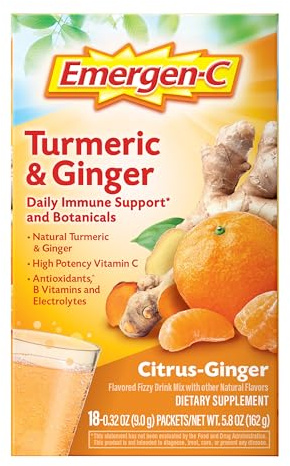 Emergen-C Citrus-Ginger Fizzy Drink Mix, Turmeric and Ginger, Immune Support, Natural Flavors with High Potency Vitamin C, 18 Count