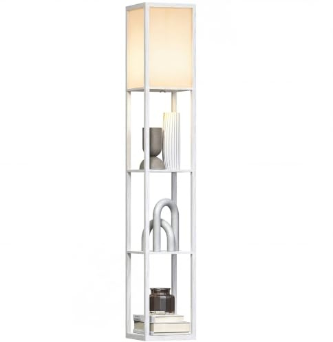 HOMCOM Stehlampe mit Regalen, E27 Fassung, Fußschalter, Weiß | 40W, Wohnzimmer Stehleuchte, Nachttischlampe, Lampenschirm, Standlampe für Schlafzimmer, Arbeitszimmer, Büro