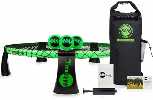 bamball® Roundnet Pro Set (édition tournoi) – Avec 3 balles nouvellement développées, sac à dos étanche, filet amélioré, cadre renforcé et pompe à ballon