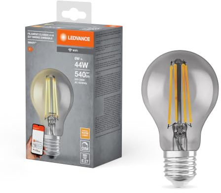 LEDVANCE Smart LED-lampa med Wifi, E27-sockel, dimbar, varmvitt (2500K), lampform, klar glödtråd i rökt glas, ersättning för konventionella 44W-lampor, kontrollerbar med Alexa, Google och app.