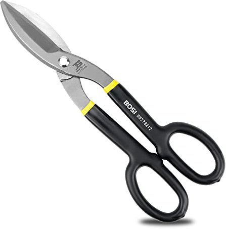 B BOSI TOOLS 12 Inch Straight Pattern Tin Snips Metal Cutters, High Strength Forged and Heat Treated Carbon Steel with Comfortable Black Rubber Handle