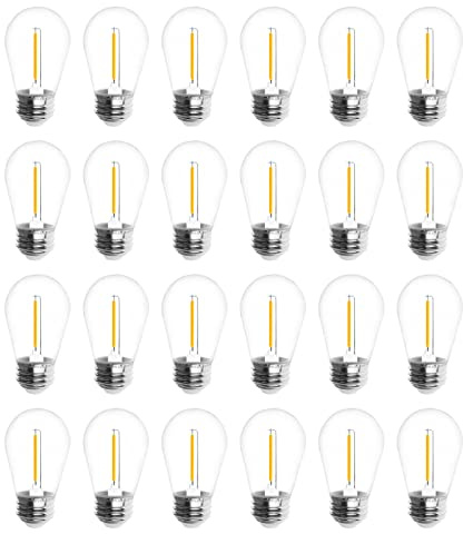 Jslinter S14 5000K Daylight Outdoor String Lights Bulbs Replacement, Shatterproof & Waterproof, 1 Watt LED 11W Equivalent, E26 Base Non-dimmable, Edison Vintage Style for Patio Garden, 24-Pack