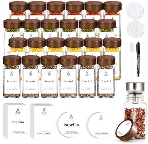 SIAZIH 35 Gewürzgläser eckig mit Akazienholzdeckeln，Glasbehälter mit Deckel 120ml, Vorratsdosen Glas Set, Zwei Typen Von Gewürzsieben Gewürzstreuer,Camping Outdoor Gewürz Organizer