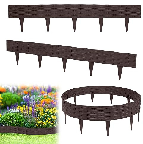 CEEDIR 15m Rasenkante Beeteinfassung in Rattan-Optik Gartenpalisade Mähkante Beetumrandung Randsteine aus Kunststoff UV-beständig Wetterfest mit 15 Elemente á 100 cm (15 Stück, Braun)