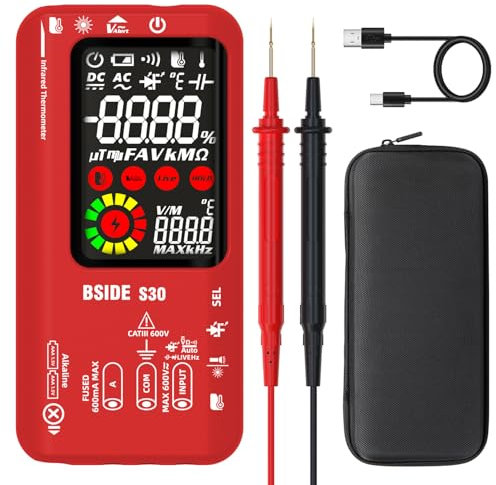 BSIDE Multimetro Digitale Automatico con Termometro IR Tester Intelligente Multifunzione a Doppia Potenza 9999 Conteggi LCD Colori Misura Tensione Corrente Diodi LED Tester di Capacità Ohm Continuità