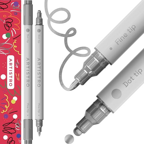 Artistro 2 Rotuladores Acrílicos Plateados Metálicos, Punta Doble (Fina 1 mm + Punto 5 mm) – Marcadores para Tela, Lienzo, Piedra, Vidrio, Madera, Papel, Manualidades, Niños y Adultos
