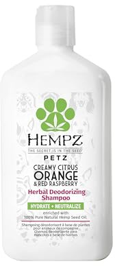 Hempz Petz Dog Shampoo, Creamy Citrus Orange & Red Raspberry Herbal Deodorizing Cleanser, 17 oz.