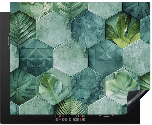 Kitchenyeah© Copri Piano Cottura 65x52 cm Tappetino Piano Piastra Induzione Proteggi Induzione Copri Fornelli Protezione Di Cottura Antigraffio Copripiano Cucina Verde - Forme - Foglie