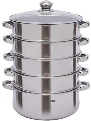 5-Etagen Lagiger Dampfgarer,Dampfkochtopf Dampfkocher Edelstahl,Schnell leitender für Alle Herdarten Steamery Hohes Volumen Dampfentsafter,Thermoskanne Dämpfkorb (26cm)