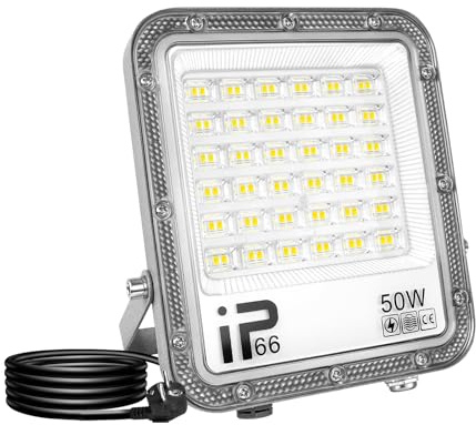RIGIDON Faro LED da Esterno, 50W 5000LM Faretti Proiettore LED con Spina | 6000K Bianca Fredda, Impermeabile, Faretto LED Esterno, Fari di Sicurezza per Terrazza Giardino Cortile Garage Magazzino