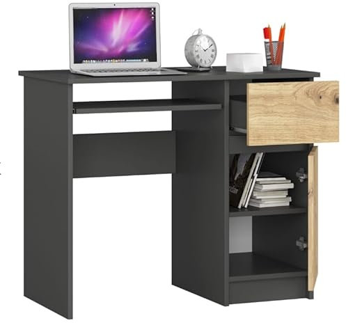 BDW - Escritorio para Ordenador con 1 cajón, 1 Armario y un cajón de Teclado extraíble. Escritorio para Ordenador de sobremesa o portátil, 90 x 77 x 50 cm