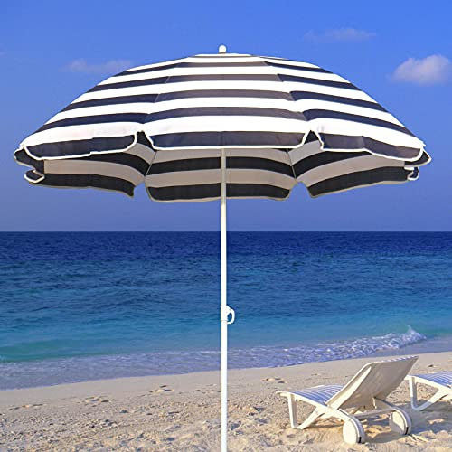Ombrellone da spiaggia a righe blu e bianche da 2,4 m, con protezione UV e meccanismo di inclinazione