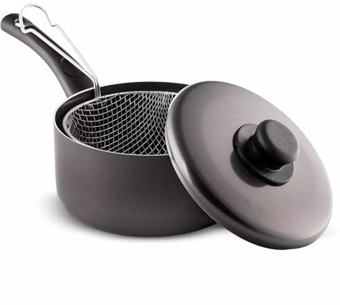 GRACE KITCHEN Cookware – Non Stick Chip Pans with Basket and Lid Aluminium Deep Fryer Saucepan (22cm)