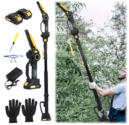 2-in-1 Cordless Brushless Pole Chainsaw & Mini Chainsaw | 4.9-7.5ft Telescopic Tree Pruner | 21V 2x2.0Ah Battery | 120min Runtime | 6 Branch Cutter for Long Reach Garden Pruning (Yellow)