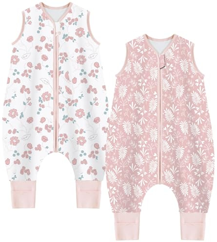 Chilsuessy Baby Sommerschlafsack mit Füßen 2er Pack 1 Tog Kinder Schlafsack mit Beinen 100% Baumwolle Schlafstrampler für Jungen Mädchen, 1 Tog/Süße Blüten + Rosa, 80cm/Baby Höhe 90-100cm
