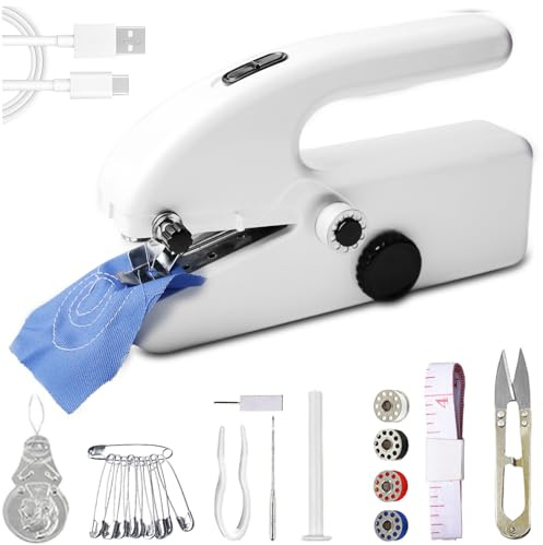 Mini Nähmaschine Elektrisch, Handnähmaschine mit Nähzubehör Tragbare Handliche Nähmaschine, 2 Modi, USB/Batteriebetrieb für Kleidung Vorhänge Leder DIY für Anfänger & Schnellreparaturen(Weiß)