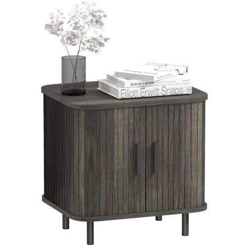 HOMCOM Bedside Table with Roller Shutter Style Sliding Doors Grey | Nordic Side Table, Metal Legs, for Bedroom, Living Room