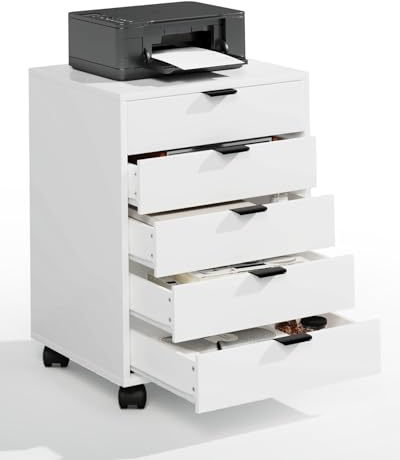 ELUCHANG Schubladenschrank, Rollcontainer, Mobiler Aktenschrank mit 5 Schubladen, Unter Schreibtisch SchrankBüro, Schubladenkommode für Zuhause Büro, Homeoffice, Weiß