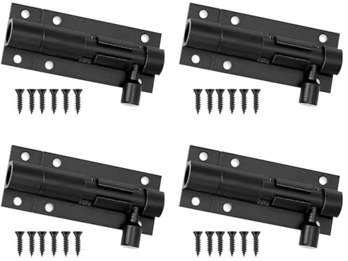 4-Pack 2-Inch Black Tower Bolt Locks for Doors, Gates, and Cabinets - Stainless Steel Sliding Latches with Screws Included