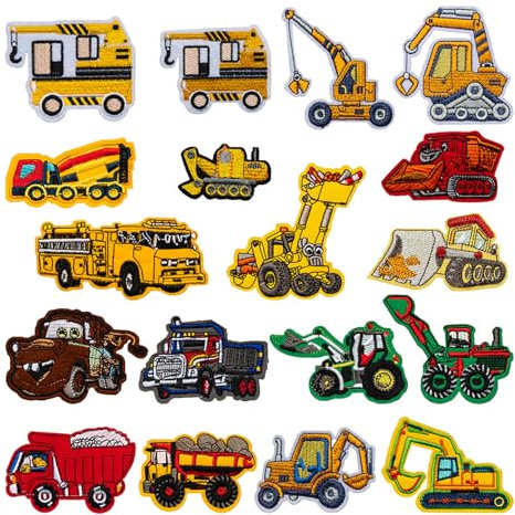 LdawyDE Flicken zum Aufbügeln Kinder, 18 stück Bügelflicken mit Baufahrzeug Stil, Patches zum Aufbügeln für Kinder und Transportliebhaber, Aufbügelflicken für T-Shirt, Jeans, Kleidung Taschen, Mützen