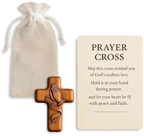 nuneoeuo 3 PCS Wooden Cross Crucifix Present Set, Christian Gifts for Women and Men Including 1pc Wooden Crucifix 1 Mesh Pocket and 1pc Prayer Cards, Unique Religious Gifts for Women and Men