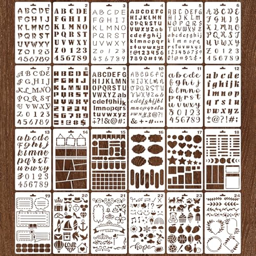 SRIZIAN 24 st bokstäver och siffror schabloner för planerare återanvändbar, 17,78 x 10,16 cm journal schabloner för anteckningsbok, alfabet målning ritmall gör-det-själv konst klippbok tillbehör