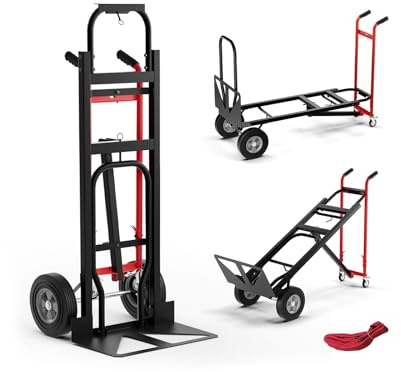 COSTWAY 3 in 1 Carrello a Mano, Carrello Portapacchi con 4 Ruote in Gomma, Carrello Pieghevole per Trasporto e Spostamento in Magazzino, Casa, Portata Massima 450 kg (Rosso)