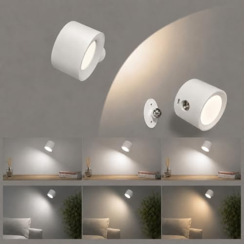 Beuaati LED Wall Light, Wall Lamp with 3 Brightness Levels, 3 Color Modes, 360° Rotate Magnetic Ball, Touch Control, Indoor Battery Wall Light for Bedroom, Reading, Living Room(1 Pack)