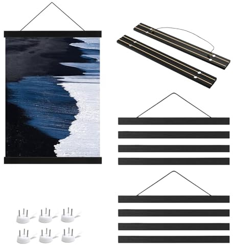 TIANLIN 3 Stück Posterleiste A3, 31 cm Holz-Schiene Schwarz, Magnetische Posterschiene mit Aufhängekordel & Unsichtbaren Bildnägeln – zum Aufhängen von Poster, Fotos & Kunstdrucke