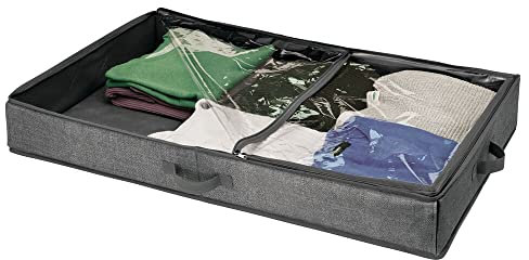 mDesign Unterbettkommode – Bettkasten mit durchsichtigem Deckel für Kleidung, Accessoires, Bettwäsche und mehr – Wäschesortierer für staubfreie Aufbewahrung unter dem Bett – dunkelgrau/durchsichtig