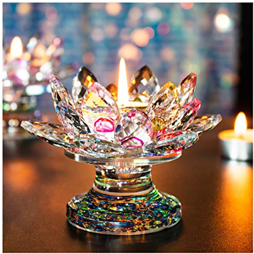 H&D HYALINE & DORA Colorful Crystal Lotus Flower Candle Holder Tealight Holders (4.5inch-Multi)