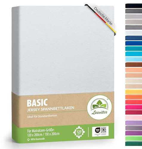leevitex® Spannbettlaken 120x200cm - 130x200cm | Spannbetttuch Bettlaken | 100% Jersey Baumwolle | Matratzenhöhe bis 25 cm | Ökotex | Weiß