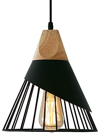 MAXDUYU Suspension Luminaire Vintage,Bois Métal design Lampe Plafonnier Industrielle en Luminaires Suspension Abat-jour 27 Applique d'Eclairage pour salle à manger Cuisine,Noir