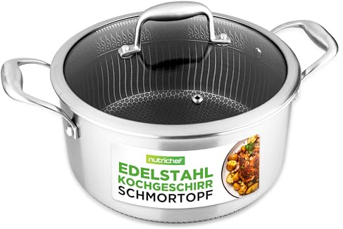 NutriChef Stainless Steel Stew Pot, Triply Kitchenware Pots with Glass Lid, Scratch-Resistant Honeycomb Surface, Steam Canner, Instant Stockpot Accessories, Camping Stockpots, Canning Rack Compatible