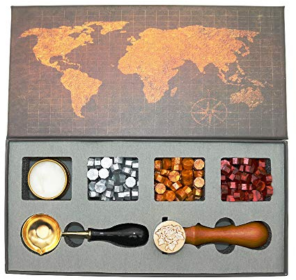 BITEYI Wachssiegel Stempel Set,Siegelstempel Set mit Siegelwachsperlen,Messing Siegel Stempel,Siegelwachs Löffel,Geschenkset (Rose)