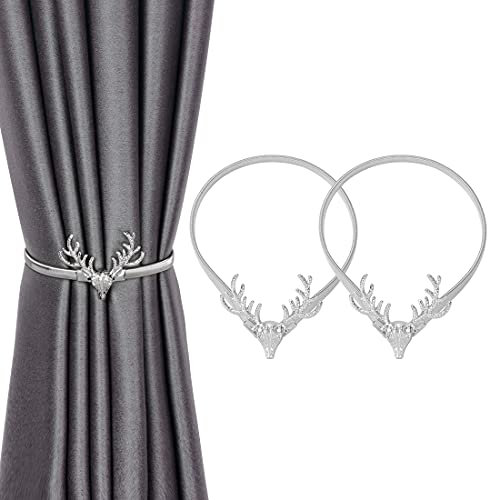 INHDBOX Vorhang Raffhalter Legierung Elastizität Gardinen Schlaufen Vorhang Clips Seil Rückwärtige Vorhang Halter Schnallen Binder Gardinenhalter für Haus Dekoration Cafe Büro 2Stück, Elch Silber