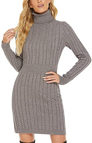 QUNERY Femme Elégant Robe Pull Longue Col Haut Manche Longue Casual Robe Automne d'hiver Slim Sweater Pullover A-Gris L