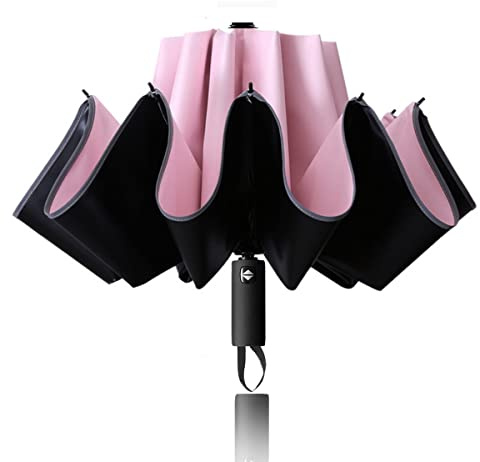 77Mall 10 Ribs Inverted Folding Umbrella Windproof Travel Portable Reverse Umbrella with Reflective Stripe Auto Open and Close for Women Men Travel Outdoor (Pink)